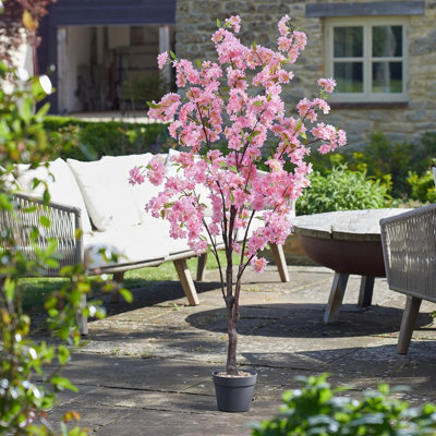 Artificial Pink Cherry Tree - Weatherproof Indoor Outdoor Home Garden Faux Fake Plant In Black Pot - Measures H140 X W66 X D50Cm - image 1