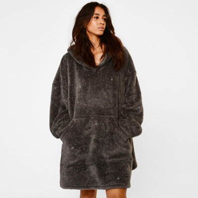 Ohs Teddy Glitter Hoodie Blanket Oversized Wearable Sweatshirt - Charcoal - image 1
