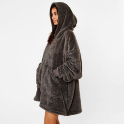 Ohs Teddy Glitter Hoodie Blanket Oversized Wearable Sweatshirt - Charcoal - thumbnail 3