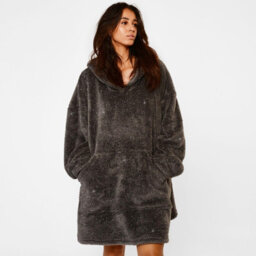 Ohs Teddy Glitter Hoodie Blanket Oversized Wearable Sweatshirt - Charcoal