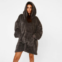 Ohs Teddy Glitter Hoodie Blanket Oversized Wearable Sweatshirt - Charcoal - thumbnail 4