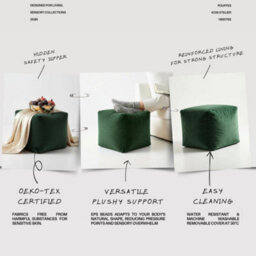 Kosi Atelier Kosiatelier Bean Bag Velvet Footstool Ottomona Cube Pouf Chair Pouffe, Polystyrene Beads Filled - Bottle Green, 30Cm X 30Cm X 30Cm - thumbnail 5