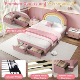 Btm 4Ft6 Double Bed Frame Velvet Upholstered With Rainbow Crown Headboard Storage Drawer Pink No Mattress Easy Assembly - thumbnail 6