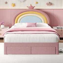 Btm 4Ft6 Double Bed Frame Velvet Upholstered With Rainbow Crown Headboard Storage Drawer Pink No Mattress Easy Assembly - thumbnail 3