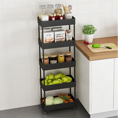 Living And Home 5 Tiers Black Plastic Slim Kitchen Shelf Bathroom Storage Rack Trolley Cart - image 1