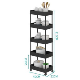 Living And Home 5 Tiers Black Plastic Slim Kitchen Shelf Bathroom Storage Rack Trolley Cart - thumbnail 6