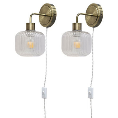 First Choice Lighting Set Of 2 Toby - Antique Brass Plug In Wall Lights  Ribbed Glass Shades - image 1