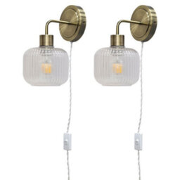 First Choice Lighting Set Of 2 Toby - Antique Brass Plug In Wall Lights  Ribbed Glass Shades - thumbnail 1