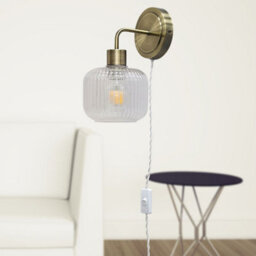 First Choice Lighting Set Of 2 Toby - Antique Brass Plug In Wall Lights  Ribbed Glass Shades - thumbnail 5