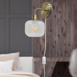 First Choice Lighting Set Of 2 Toby - Antique Brass Plug In Wall Lights  Ribbed Glass Shades - thumbnail 4