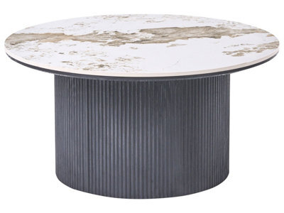 Wyld And Coco Novahome 80 Cm Round Coffee Table - Marble-Effect Ceramic Top, Black Ribbed Mdf Base - image 1
