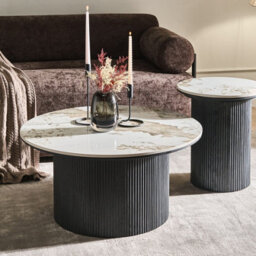 Wyld And Coco Novahome 80 Cm Round Coffee Table - Marble-Effect Ceramic Top, Black Ribbed Mdf Base - thumbnail 2