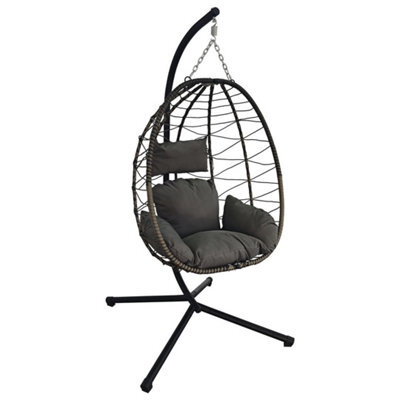 Hanging Egg Chair Single With Stand Garden Swing Pe Rattan 120Lbs Capacity Grey - image 1