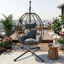 Hanging Egg Chair Single With Stand Garden Swing Pe Rattan 120Lbs Capacity Grey - thumbnail 4