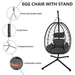 Hanging Egg Chair Single With Stand Garden Swing Pe Rattan 120Lbs Capacity Grey - thumbnail 3