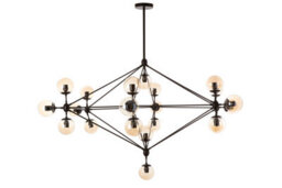 Orsina Matte Black 21 Arm Pendant Lamp, Mid Century Sputnik Style Ceiling Light With Brown Glass Globes