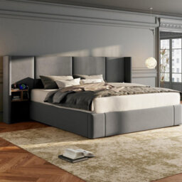 Abrihome 5Ft(150X200Cm), Upholstered Bed, Hydraulic Wide-Ear Bed With Usb Connection, With Sockets, With Two Bedside Tables,  Grey - thumbnail 8