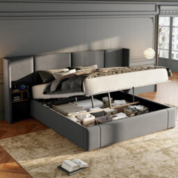 Abrihome 5Ft(150X200Cm), Upholstered Bed, Hydraulic Wide-Ear Bed With Usb Connection, With Sockets, With Two Bedside Tables,  Grey - thumbnail 1