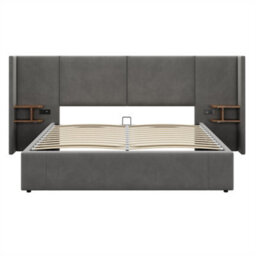 Abrihome 5Ft(150X200Cm), Upholstered Bed, Hydraulic Wide-Ear Bed With Usb Connection, With Sockets, With Two Bedside Tables,  Grey - thumbnail 6