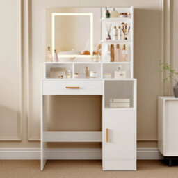 White Dressing Table W/mirror, Drawers, Led Lights, Shelves And Open Compartments