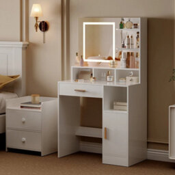 White Dressing Table W/mirror, Drawers, Led Lights, Shelves And Open Compartments - thumbnail 3