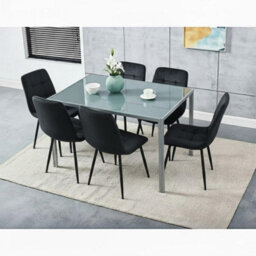 Kosy Koala Modern Rectangle Grey Glass Dining Table Set With 6 Black Velvet Chairs Dining Room Furniture
