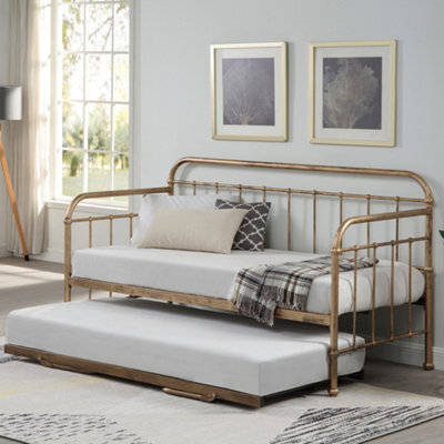 SlumberWorx Ickleford Industrial Living Room Bedroom Antique Brass Metal Day Bed Frame W Trundle - image 1