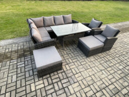 Fimous 10 Seater High Back Rattan Garden Furniture Set Corner Sofa With Rectangular Dining Table 2 Arm Chairs 2 Big Footstool - thumbnail 2