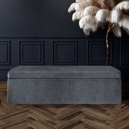 90Cm Large Plain Safar Storage Ottoman Box, Grey Plush Velvet Upholstered Deep Storage Ottoman End Of Bed Bench