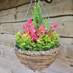 Best Artificial Pink Mini Daffodil Flower Display In 10 Inch Woven Decorative Hanging Basket
