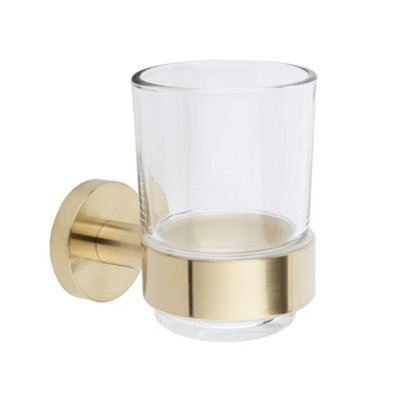 Homestylestore Wall Mounted Bathroom Glass Toothbrush Tumbler Brushed Brass Holder - image 1