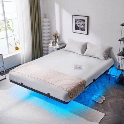 King&black Floating Double&king Bed Frame With Upholstered Storage Headboard Led Lights&usb - image 1