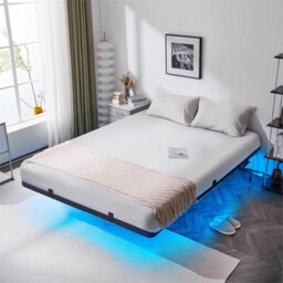 King&black Floating Double&king Bed Frame With Upholstered Storage Headboard Led Lights&usb - thumbnail 1