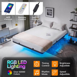 King&black Floating Double&king Bed Frame With Upholstered Storage Headboard Led Lights&usb - thumbnail 3