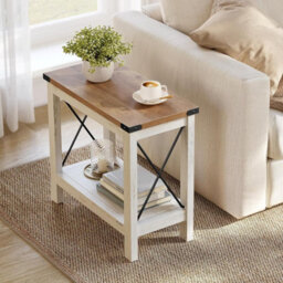 Country Style Side Table, End Table With Storage Shelf, Bedroom Nightstand, Farmhouse Decor, Rustic White And Honey Brown