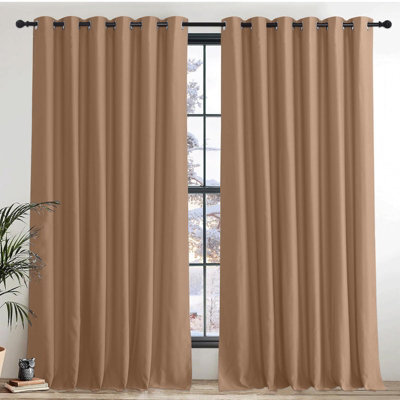Ameha Plain Thermal Thick Blackout Eyelet Curtain For Living Room Ready Made Ring Top Beige Curtain Pair 90''x108'' Home Decor Uk - image 1
