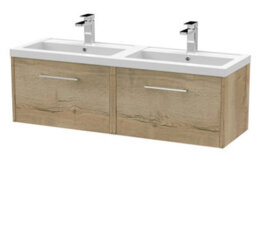 Hudson Reed Juno Wall Hung 2 Soft Close Drawer Vanity Unit With Double Basin In Autumn Oak Textured Woodgrain Finish, 1200mm - thumbnail 4