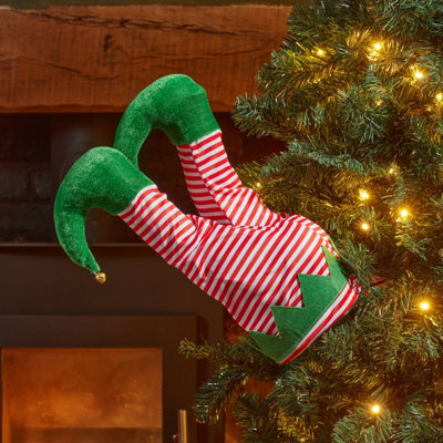Three Kings Velvet Effect Kicking Elf Legs Christmas Decoration, (H)350mm - Red, White & Green - image 1