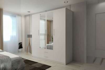 M N Furniture Ltd Wardrobe With Led Light Modern 4 Door Hinged Wardrobe Mirror And Drawers - Bedroom Cabinet (White,171Cm) - image 1