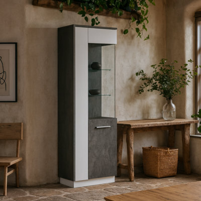 Wyld Haus Nantes Grey And White Tall Glazed Display Cabinet Right-Hand With Led Lighting - image 1