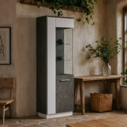 Wyld Haus Nantes Grey And White Tall Glazed Display Cabinet Right-Hand With Led Lighting - thumbnail 1