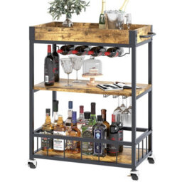 Huhote Sleek 3 Tier Bar Cart With Wine Rack And Wheels For Dining Living Room Outdoor Serving Trolley Kitchen Storage Carts Brown - thumbnail 9