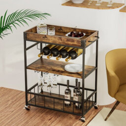 Huhote Sleek 3 Tier Bar Cart With Wine Rack And Wheels For Dining Living Room Outdoor Serving Trolley Kitchen Storage Carts Brown - thumbnail 4