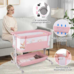 Costway Baby Bassinet Bedside Sleeper Bedside Crib W/ 6-Level Adjustable Height-Pink - thumbnail 9