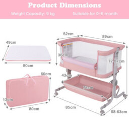 Costway Baby Bassinet Bedside Sleeper Bedside Crib W/ 6-Level Adjustable Height-Pink - thumbnail 2
