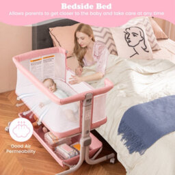 Costway Baby Bassinet Bedside Sleeper Bedside Crib W/ 6-Level Adjustable Height-Pink - thumbnail 6