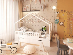 Furniturehmd Modern Childrens Bed Solid Pine Wood Bed Frame House Bed With 2 Large Storage Drawers,white - thumbnail 1