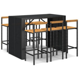 Berkfield 7 Piece Garden Bar Set Black Poly Rattan& Solid Wood Acacia - thumbnail 2