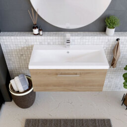 Balterley Contemporary Bathroom Wall Hung 1 Soft-Close Drawer Vanity Unit & Mid-Edge Ceramic Basin, Bleached Oak, 800 mm - thumbnail 3