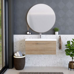 Balterley Contemporary Bathroom Wall Hung 1 Soft-Close Drawer Vanity Unit & Mid-Edge Ceramic Basin, Bleached Oak, 800 mm - thumbnail 2
